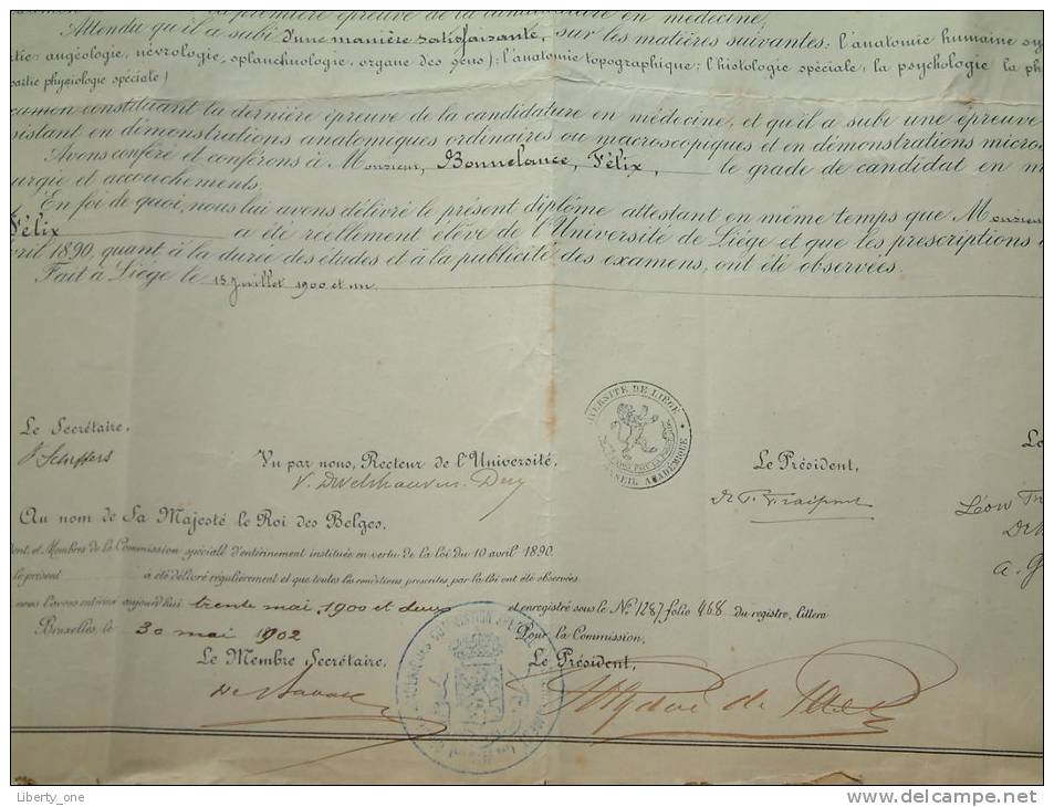 Université De L'état à Liège / Faculté De Medecine - Certificat De BONNELANCE Félix / Anno 1902 ( Details Zie Foto ) ! - Diplômes & Bulletins Scolaires