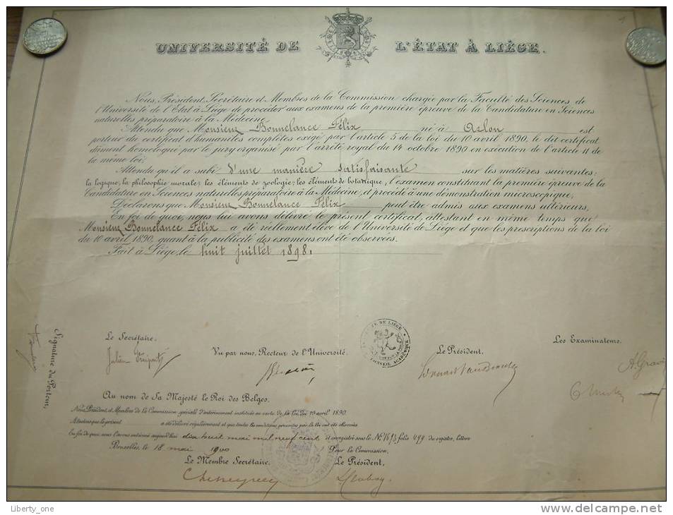 Université De L´état à Liège / Faculté De Medecine - Certificat De BONNELANCE Félix / Anno 1900 ( Details Zie Foto ) ! - Diplômes & Bulletins Scolaires