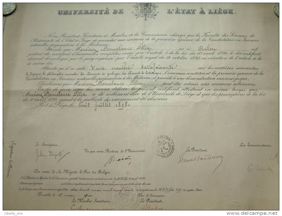 Université De L´état à Liège / Faculté De Medecine - Certificat De BONNELANCE Félix / Anno 1900 ( Details Zie Foto ) ! - Diplômes & Bulletins Scolaires