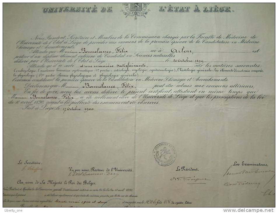 Université De L´état à Liège / Faculté De Medecine - Certificat De BONNELANCE Félix / Anno 1902 ( Details Zie Foto ) ! - Diplômes & Bulletins Scolaires