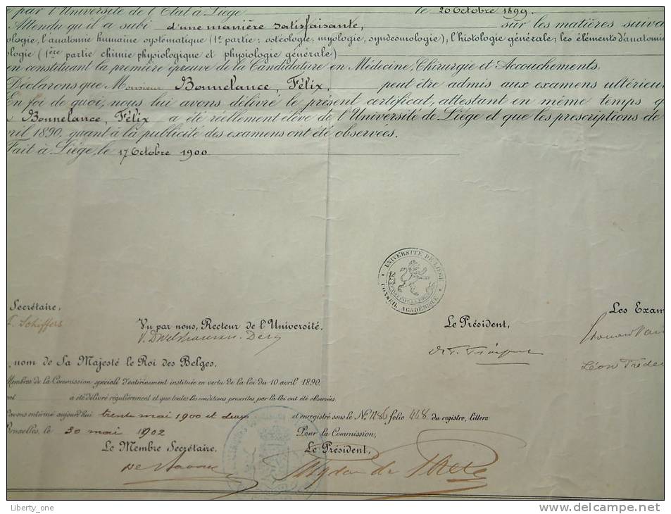 Université De L´état à Liège / Faculté De Medecine - Certificat De BONNELANCE Félix / Anno 1902 ( Details Zie Foto ) ! - Diplômes & Bulletins Scolaires