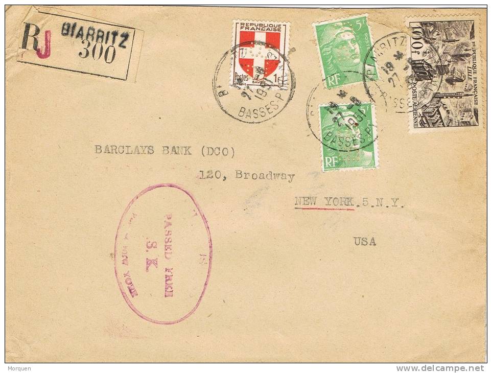 0347. Carta Aerea Certificada BIARRITZ (Basses Pyrenées) Francia 1951. Perfin B.B. - Cartas & Documentos