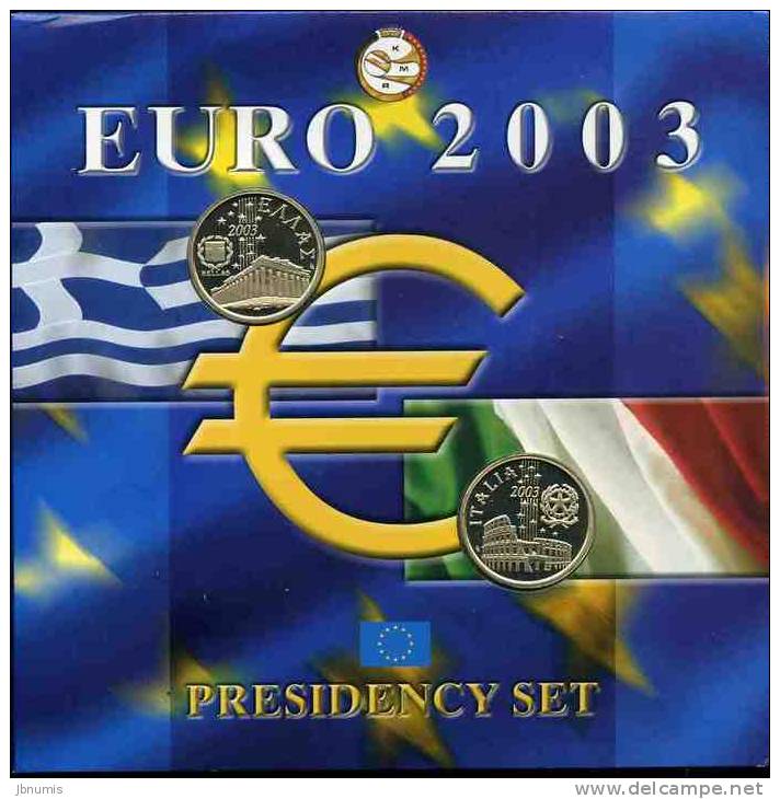 Europe Presidency Set Présidence De L´Union Européenne 12 X 1 Euro 2003 + 2 Médailles Grèce Et Italie + CD Musical - Autres & Non Classés