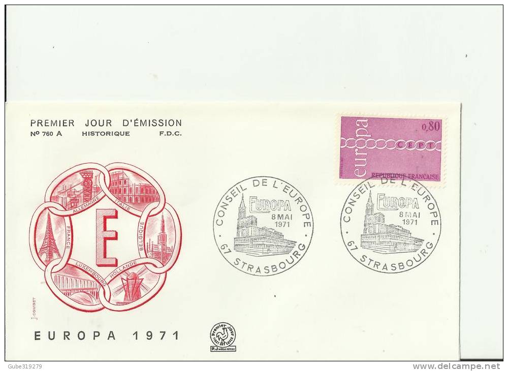 EUROPA CEPT 1971 - FRANCE DESIGN  "E RED  STRASBOURG CONSEIL D'EUROPA W 1 ST OF 0,80 FR MAY 8  RE2179. HISTORY INFO ON B - 1971