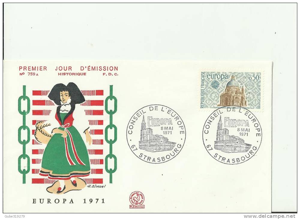 EUROPA CEPT 1971 - FRANCE FDC DESIGN COSTUME  STRASBOURG CONSEIL D´EUROPA W 1 ST OF 0,50 FR MAY 8  RE2184. HISTORY INFO - 1971