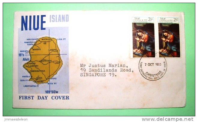 Niue 1970 FDC Cover To Singapore - Painting Corregio - Virgin And Child - Christmas - Map - Little Bit Stained - Niue
