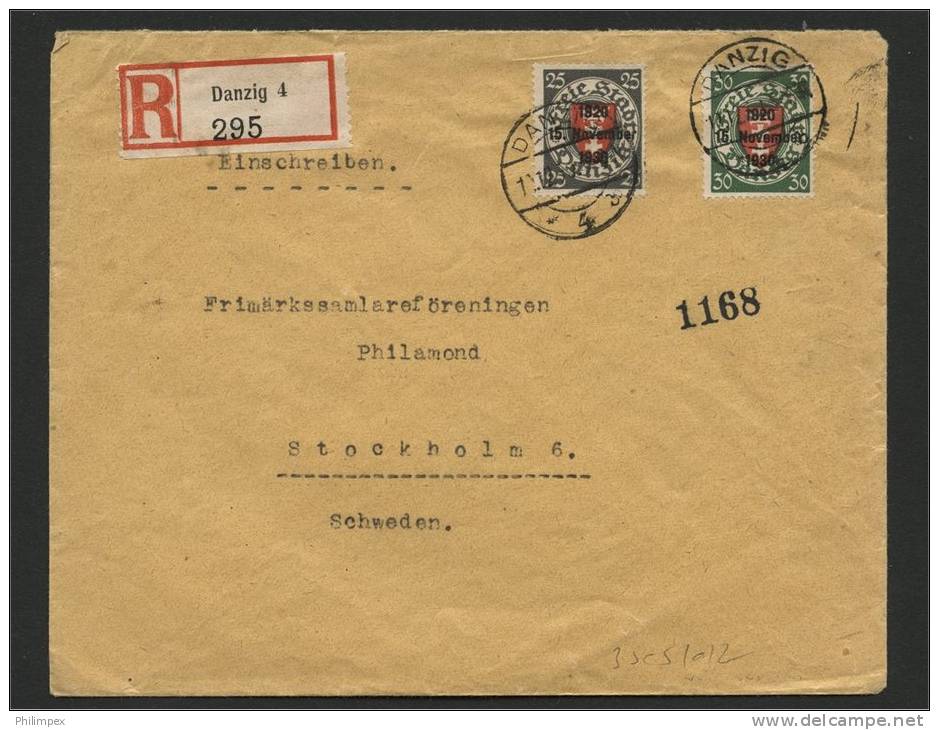 GERMANY / DANZIG, RARE COVER W. 1930 OVPT STAMPS REGISTERED TO SWEDEN - Briefe U. Dokumente