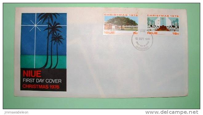 Niue 1976 FDC Cover - Christmas Tree Flamboyant - Administration Building - Avatele Church - Coconut Tree - Niue