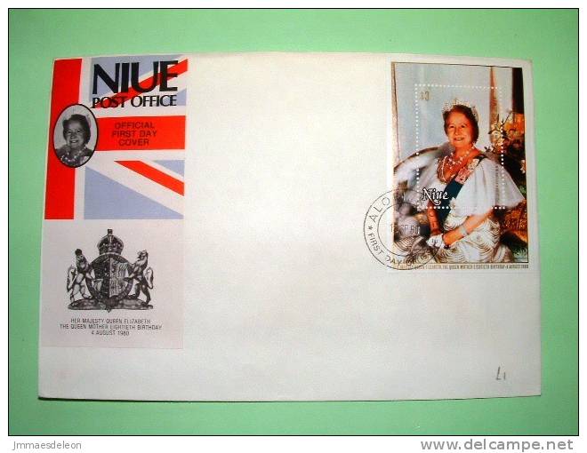 Niue 1980 FDC Cover - Queen Mother Elizabeth 80th Birthday - Flag - Arms - Lions - Niue