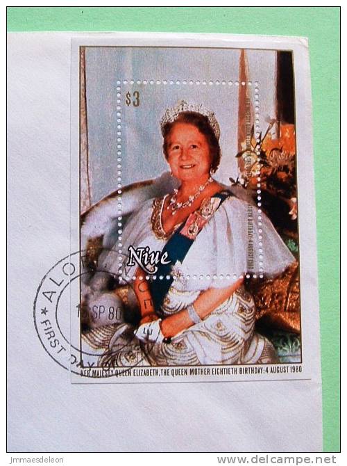 Niue 1980 FDC Cover - Queen Mother Elizabeth 80th Birthday - Flag - Arms - Lions - Niue