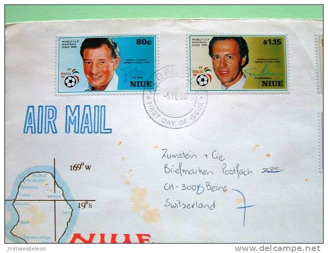 Niue 1990 FDC Cover To Switzerland - Football Soccer Italia 90 - German Team And Ball - German Eagle Arms - Niue