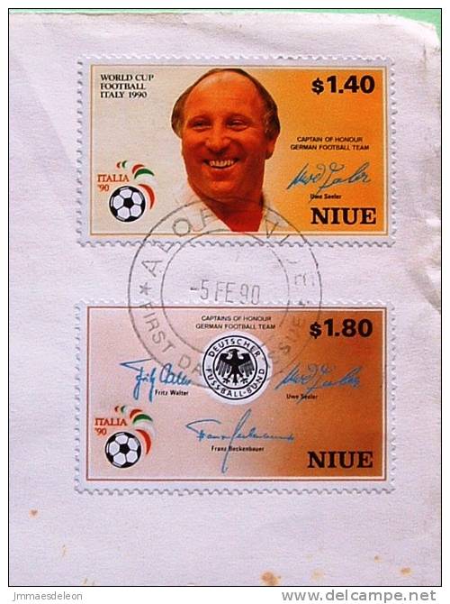 Niue 1990 FDC Cover To Switzerland - Football Soccer Italia 90 - German Team And Ball - German Eagle Arms - Niue