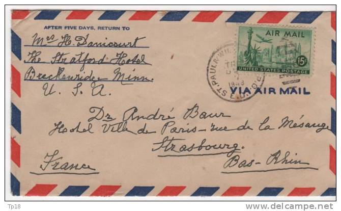 Enveloppe Etat Unis  St Paul Hotel Statford  Etat Unis Pour Strasbourg  Bas  Rhin1948    Air Mail - 1941-60