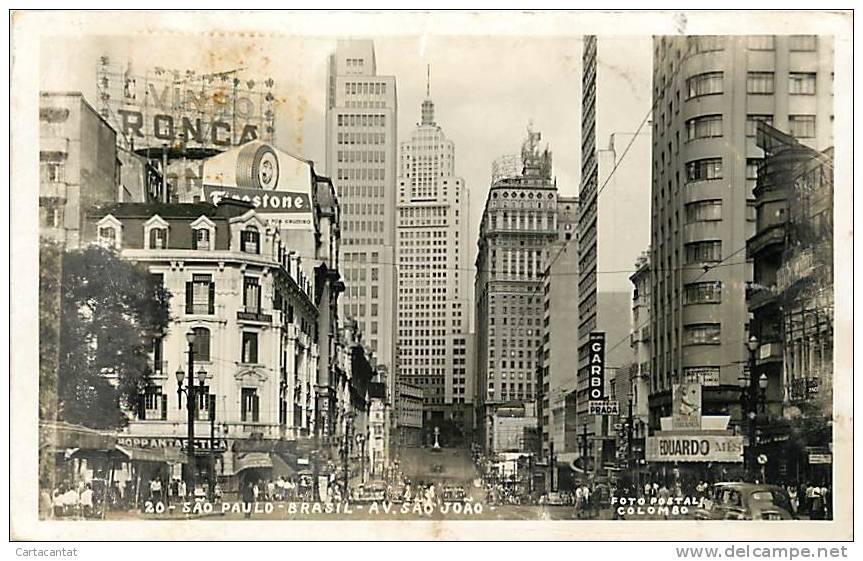 SAN PAOLO DI BRASILE. L'AVENUE SAO JOAO NEGLI ANNI '40 CON GRATTACIELI E AUTO DELL'EPOCA - São Paulo