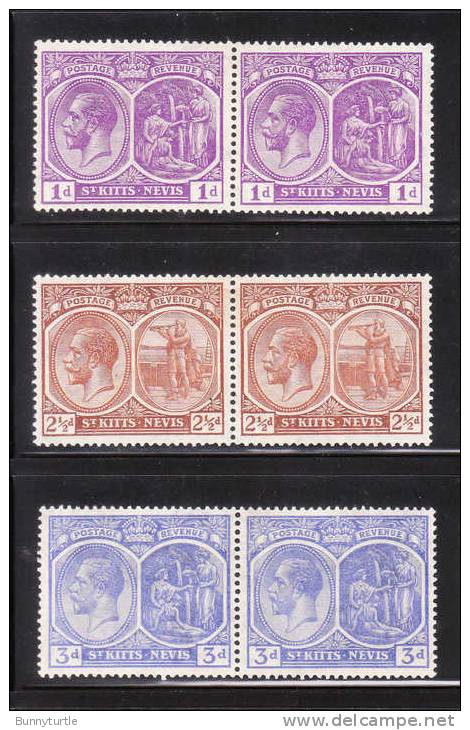 St. Kitts-Nevis 1921-29 King George 3 Pairs MNH/MLH - St.Christopher-Nevis-Anguilla (...-1980)