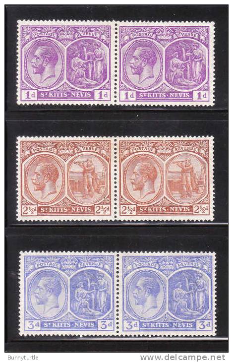 St. Kitts-Nevis 1921-29 King George 3 Pairs MNH/MLH - St.Christopher-Nevis & Anguilla (...-1980)