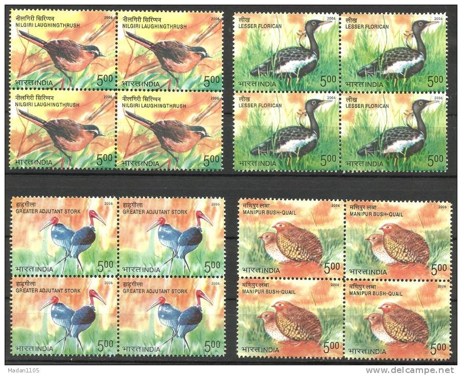 INDIA, 2006, Endangered Birds Of India,Set  4 V, Block Of 4,Same Stamp Each Block,  MNH, (**) - Nuevos