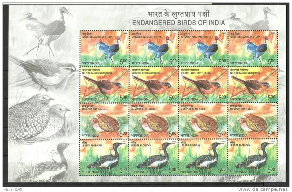 INDIA, 2006, Endangered Birds Of India,Setenant Set  4 V, Full Sheet,  MNH, (**) - Unused Stamps