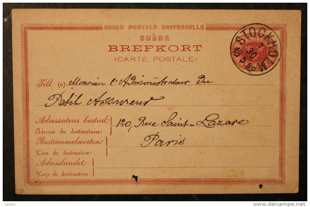 Brefkort Stockholm Pour Paris - Postal Stationery