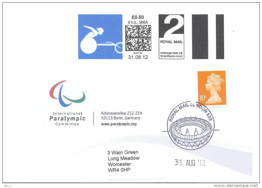 UK Olympic Games London 2012 Letter; Paralympic Athletics 2nd Class Smart Stamp Uprated To 1st Class; Olympic Stadium - Summer 2012: London