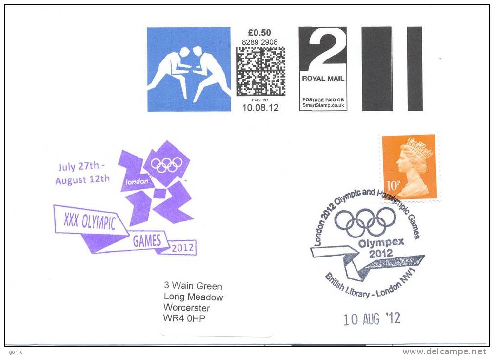 UK Olympic Games London 2012 Letter; Olympic Wrestling 2nd Class Smart Stamp Uprated To 1st Class; Olympex Cancellation - Summer 2012: London