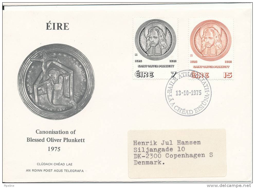 Ireland FDC 13-10-1975 Canonisation Of Blessed Oliver Plunkett 1975 With Cachet Sent To Denmark - FDC