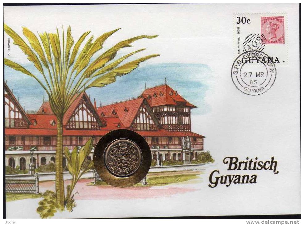 Numisbrief 1985 Numisletter Guyana #34 25C Wappen Plus Stamp 0.30 O 12€ Topics Stamp On Stamp Coins Cover Of America - Autres – Amérique