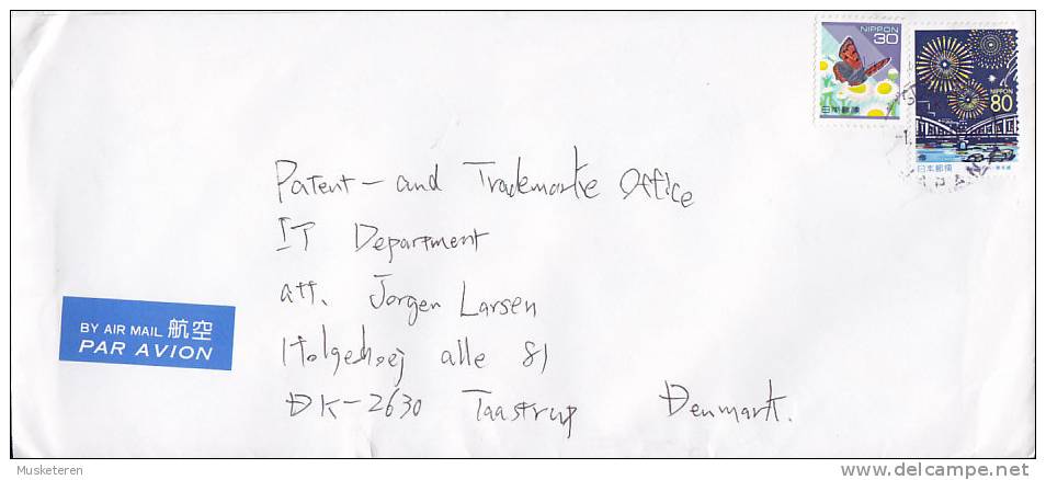 Japan Airmail Par Avion Label Cover Brief To Patent Office TAASTRUP Denmark Schmetterling Butterfly Papillon Stamp - Lettres & Documents