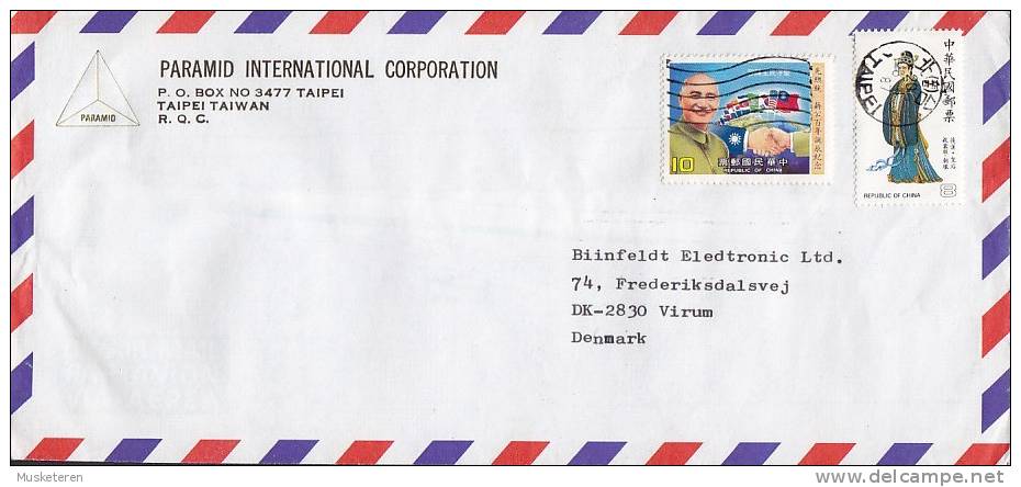 Taiwan Airmail Par Avion PARAMID INTERNATIONAL CORP., TAIPEI 1987 Cover Brief To Denmark Flag Flagge Chiang Kai-shek - Lettres & Documents