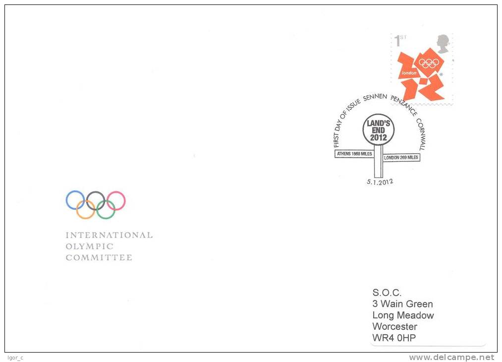 UK Olympic Games London 2012 Letter; Olympic Logo Stamp Cancelled With Land's End Mark - Torch Relay Start Point - Summer 2012: London