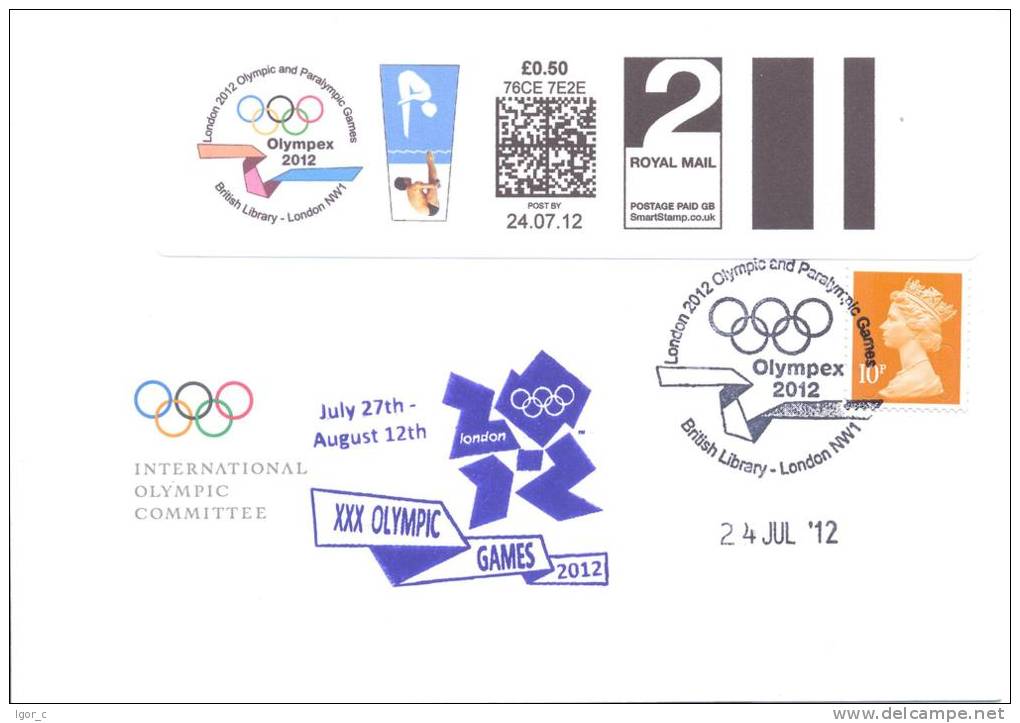 UK Olympic Games London 2012 Letter; Olympex 2nd Class Smart Stamp Uprated To 1st Class; IOC Cover & Olympex Handstamp - Eté 2012: Londres