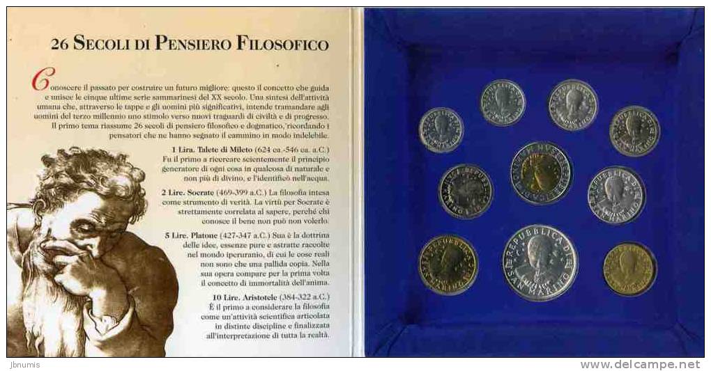 San Marin Marino Coffret Officiel BU 1 à 1000 Lire 1996 26 Siècles De Philosophie Argent KM MS56 - San Marino