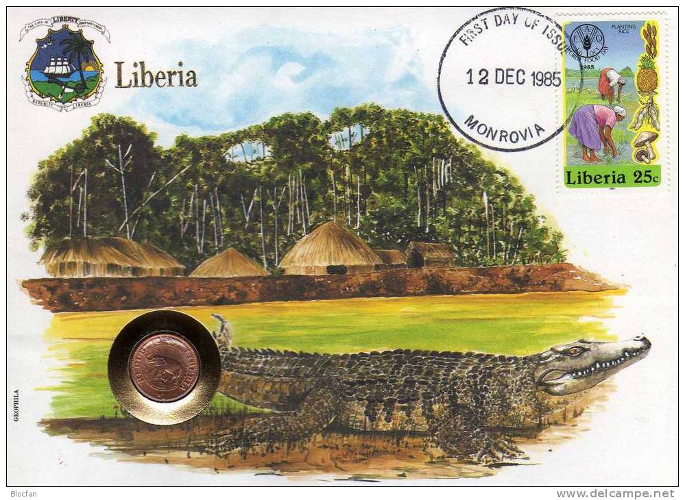 Numisbrief 1985 Numisletter Liberia #14 1C. Elefant Plus Stamp 25c O 12€ FAO Reis-Plantage Fruits Coins Cover Of Africa - Liberia