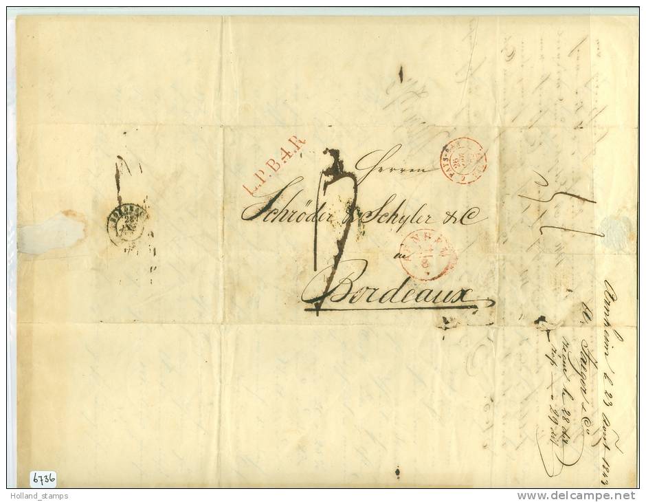 KOMPLETE VOUWBRIEF UIT 21 AUGUSTUS 1843 Van ARNHEM > BORDEAUX * L.P.B.4.R. (Lettres Des Pays-Bas 4e Rayon) In Rood (6736 - ...-1852 Préphilatélie