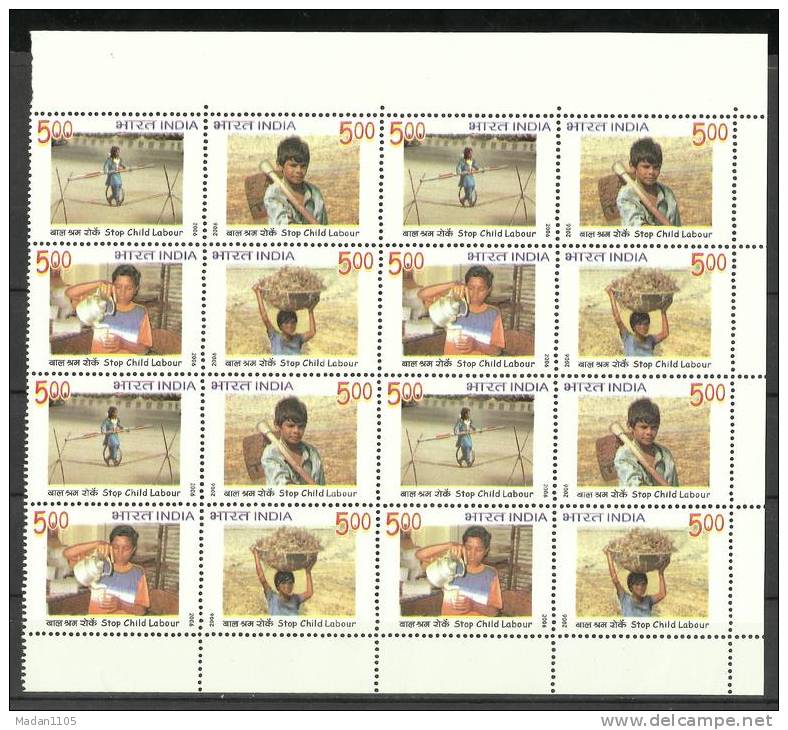 INDIA, 2006, Stop Child Labour, Setenant Set Of 4 With Block Of 4, MNH, (**) - Unused Stamps