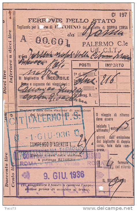 PALERMO /  ROMA  - Biglietto Di Doppia Corsa  -  9 Giugno 1936 - Europe