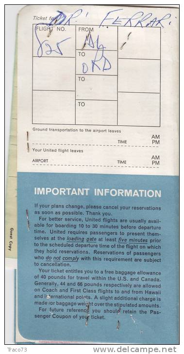 UNITED AIR LINES  /  New York - Chicago - New York _ 1962 - Welt