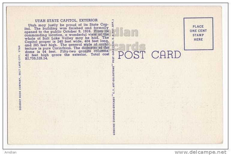 USA, SALT LAKE CITY UT - UTAH STATE CAPITOL BUILDING - C1940s Vintage Unused Postcard  [c3220] - Salt Lake City