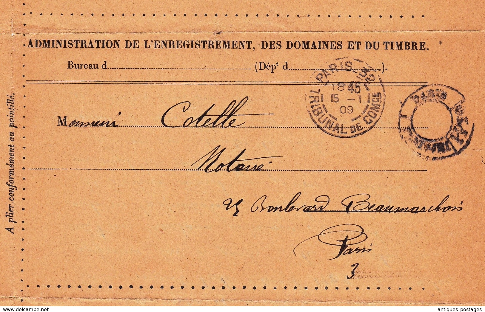 Direction Générale Enregistrement Des Domaines Et Du Timbres Conseil Des Prud'hommes De La Seine Tribunal Commerce - Lettres & Documents