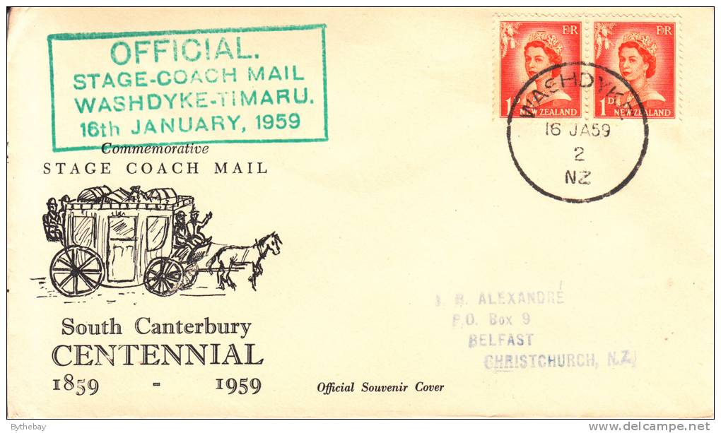 New Zealand Cover Scott #289 Pair 1p Elizabeth II Official Stage-coach Mail Washdyke-Timaru 16th January 1959 - Covers & Documents