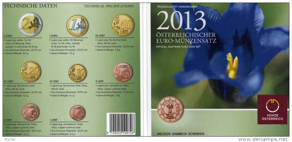 EURO-Blister Österreich Euromünzensatz Enzian 2013 Stg 40€ Stempelglanz Münzen 0,01-2,00 Handgehoben Set Coin Of Austria - Autriche