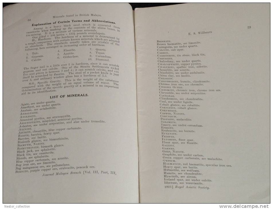 A List Or Minerals Found In British Malaya By Willbourn Livre Ancien Malaisie Minéraux 1925 Rare - Scienze Della Terra