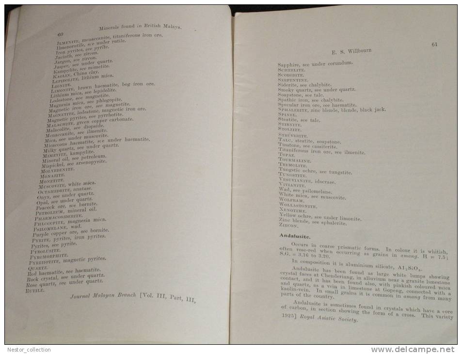 A List Or Minerals Found In British Malaya By Willbourn Livre Ancien Malaisie Minéraux 1925 Rare - Scienze Della Terra