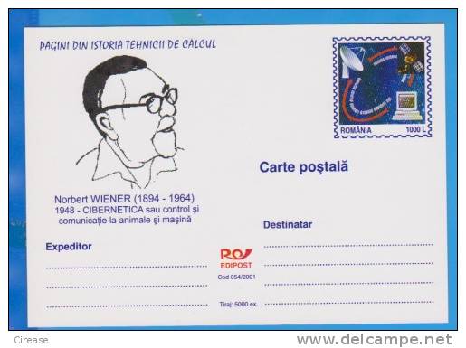 Computer History.  PC, IT, Norbert Wiener  ROMANIA Postal Stationery  Postcard 2001 - Informática