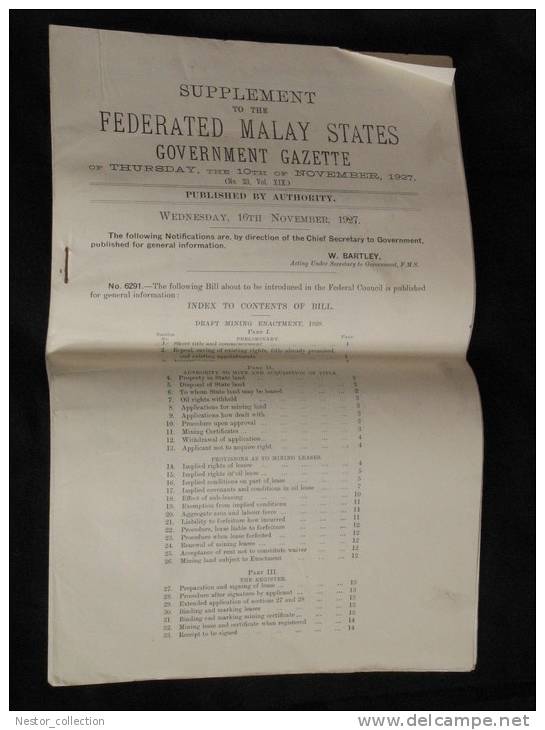 Suppément Federated Malay States Governement Gazette Mine Mining Title Oil Water... 1927 Rare - Voyage/ Exploration