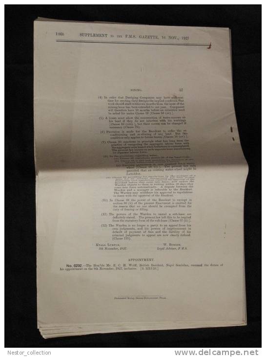 Suppément Federated Malay States Governement Gazette Mine Mining Title Oil Water... 1927 Rare - Viaggi/Esplorazioni