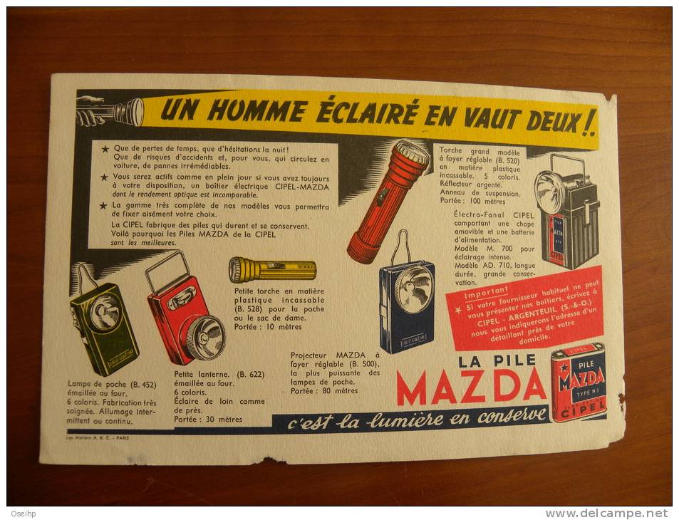 BUVARD Piles MAZDA Un Homme éclairé En Vaut Deux ! - Lampe - Batterien