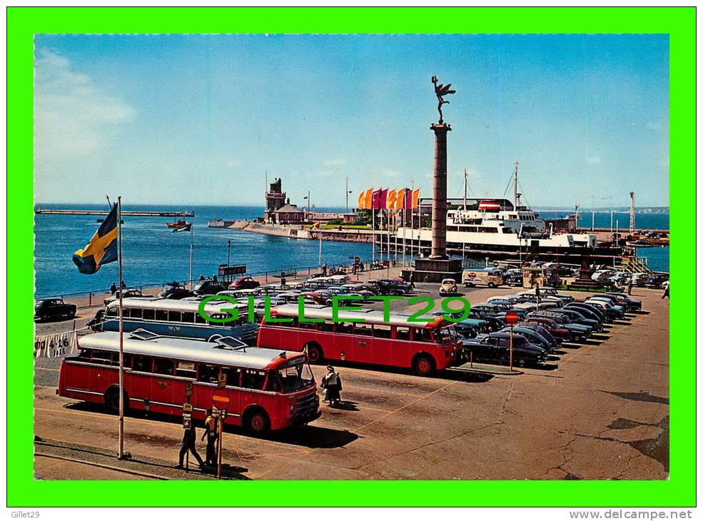 HALSINGBORG, SUÈDE - HAMNTORGEL WITH SHIPPING MONUMENT - ANIMATED WITH BUSSES - & OLD CARS - KRUGER - - Sweden