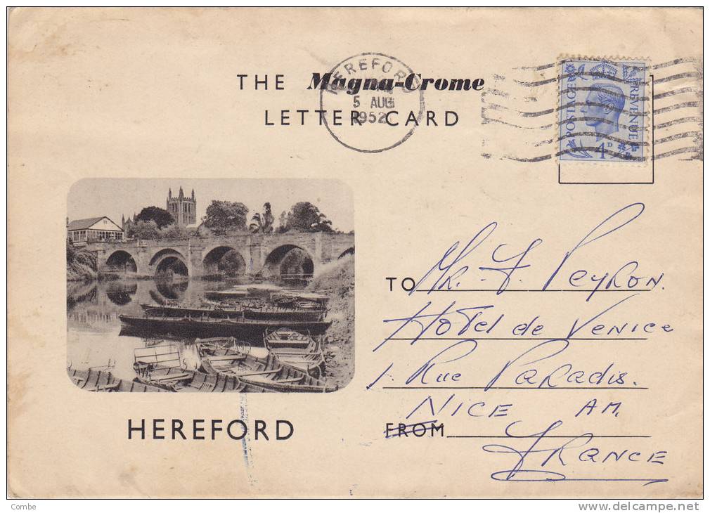 1952  HEREFORD, LETTER CARD Magna Chrome, HEREFORD Pour La FRANCE  /2136 - Storia Postale