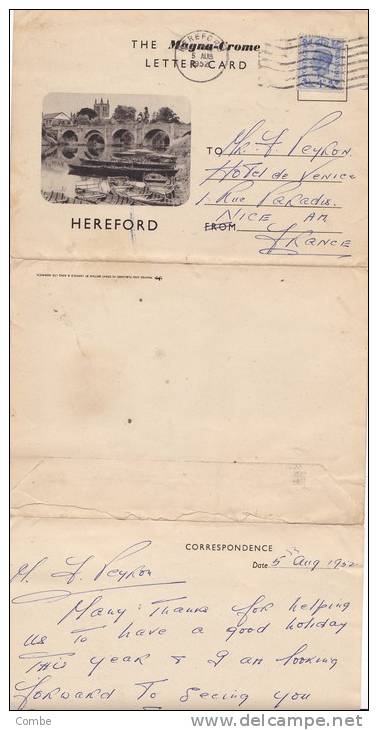 1952  HEREFORD, LETTER CARD Magna Chrome, HEREFORD Pour La FRANCE  /2136 - Lettres & Documents